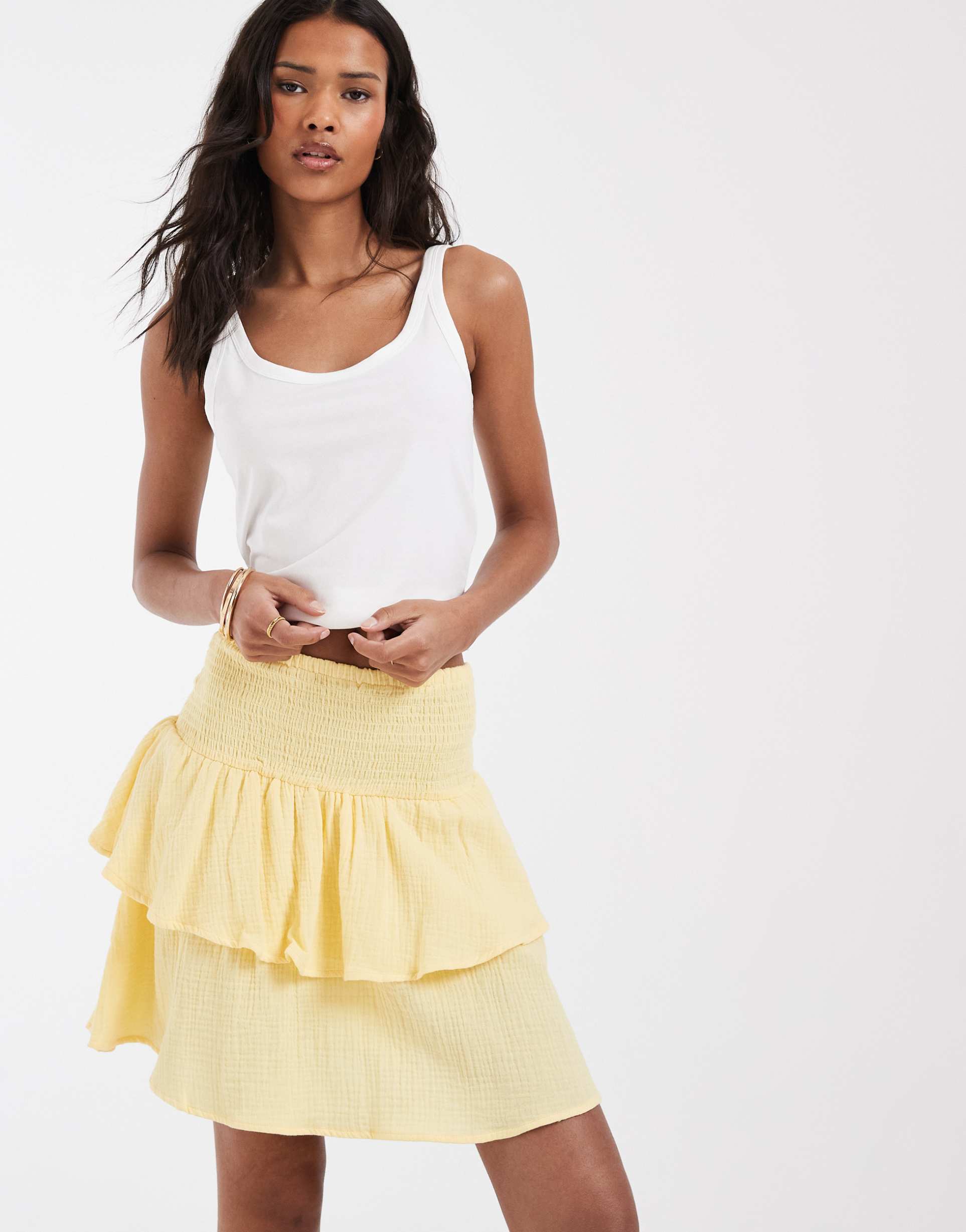 vero moda shirred waist ruffle him cheesecloth mini skirt in banana yellow