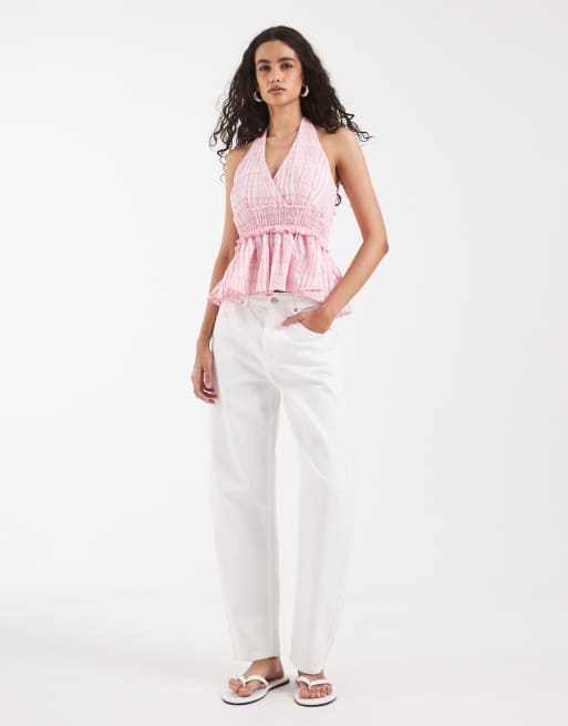 Vero Moda shirred waist tie halter neck top in pink check print, 2 of 4