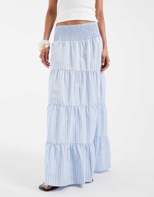 Vero Moda shirred waist tiered boho maxi skirt in blue and white stripe, 2 of 5