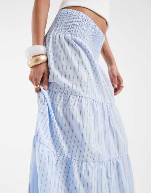 Vero Moda shirred waist tiered boho maxi skirt in blue and white stripe, 4 of 5