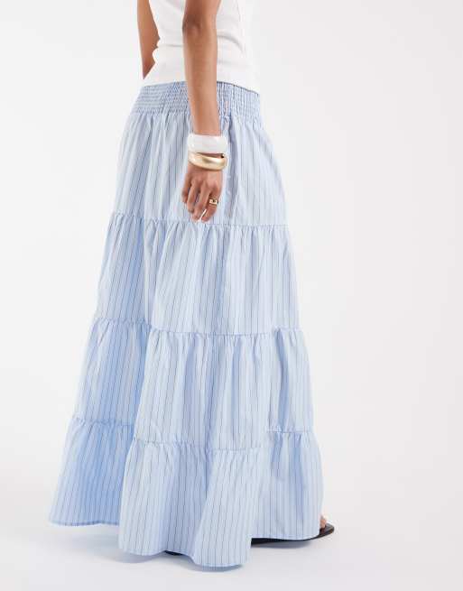 Vero Moda shirred waist tiered boho maxi skirt in blue and white stripe, 5 of 5