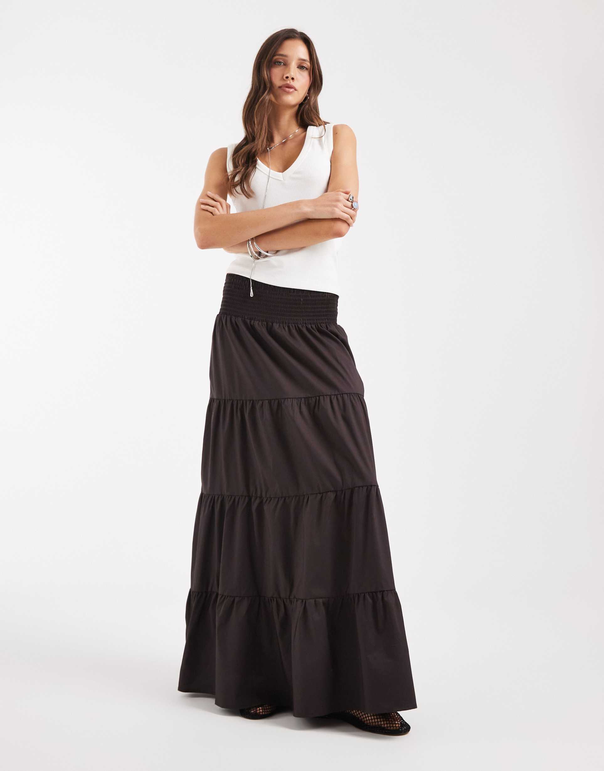 vero moda shirred waist tiered boho maxi skirt in chocolate