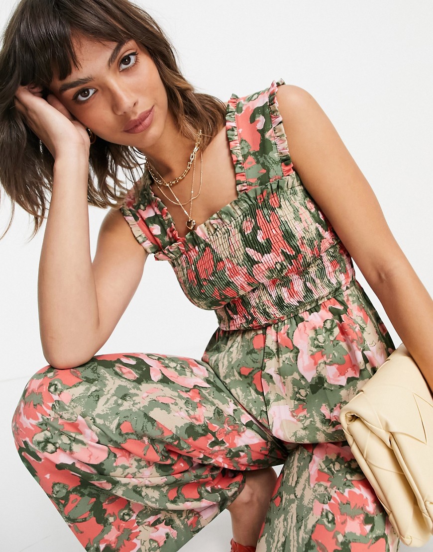 Vero Moda shirred wide leg jumpsuit in pink and green floral-Multi