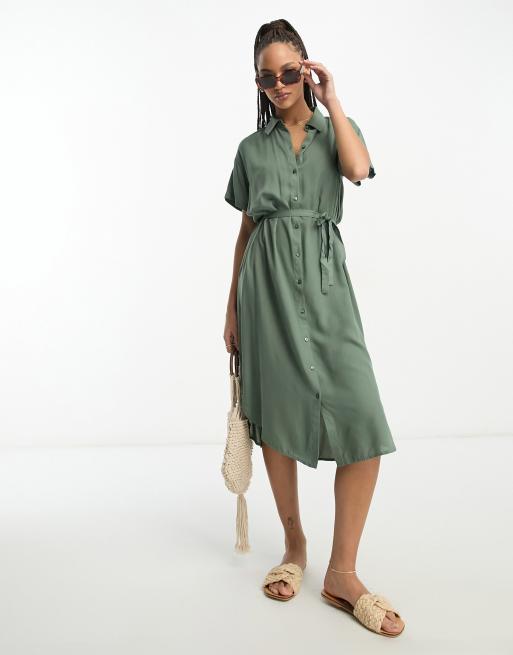 Vero Moda shirt midi dress with tie belt in green, 2 of 4