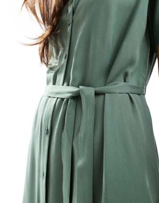 Vero Moda Shirt Midi Dress With Tie Belt In Green In Green