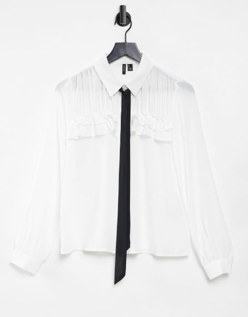 Vero Moda shirt with ruffle detail and black tie neck in white | ASOS