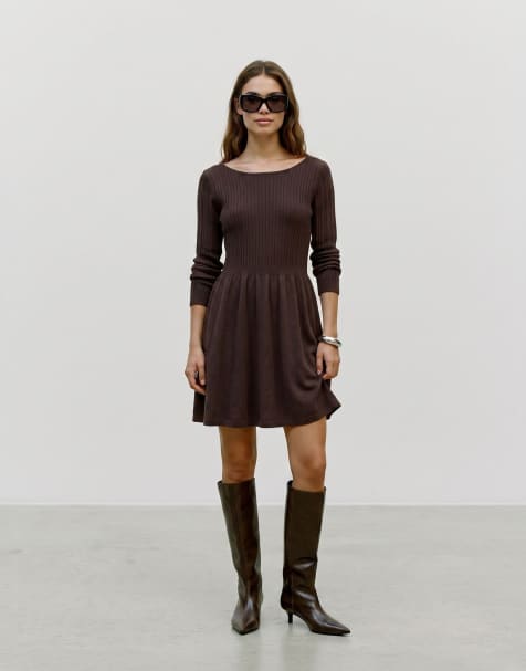 Vero Moda Shlie abito corto slim fit a maniche lunghe girocollo marrone - view 1