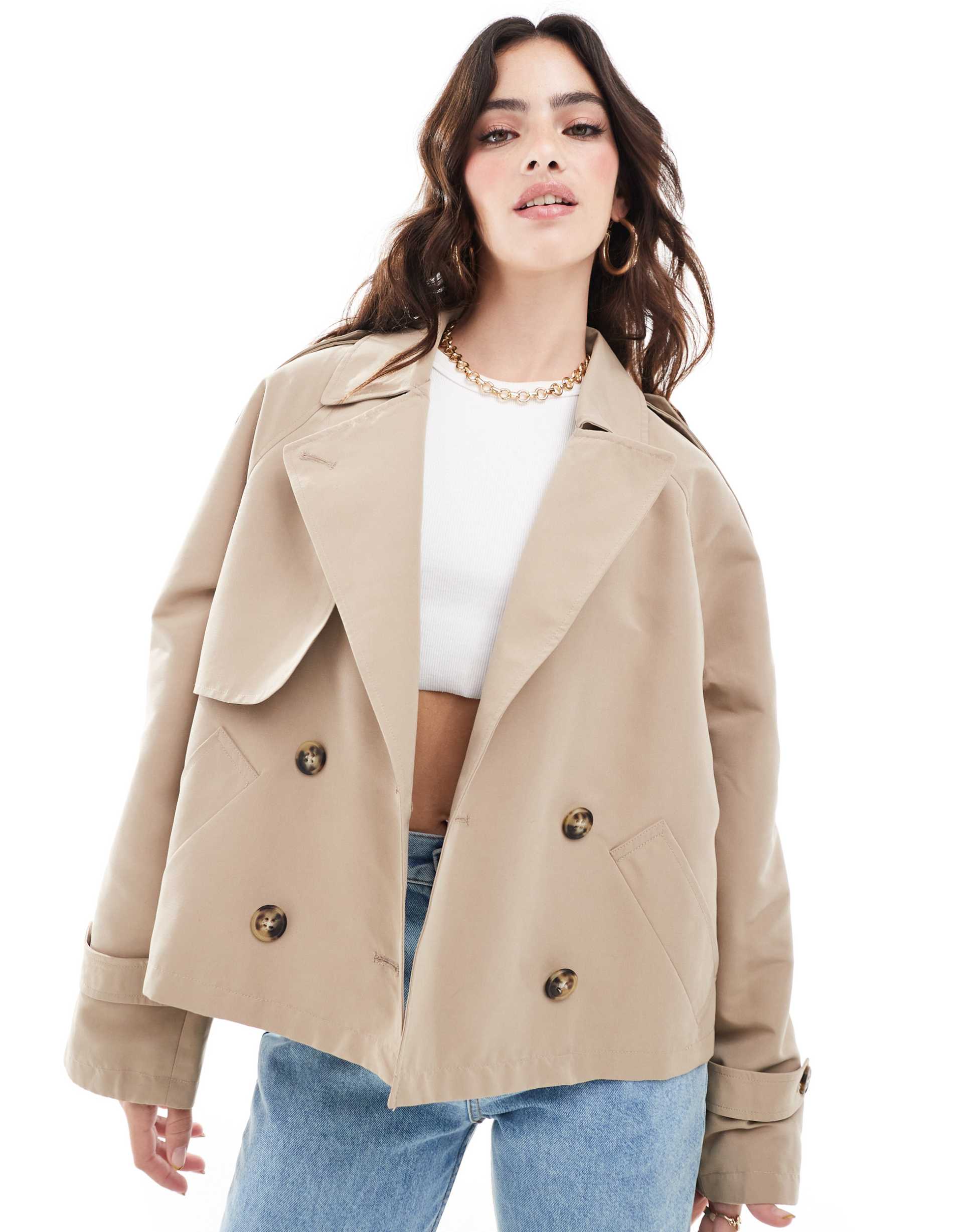 vero moda short boxy trench coat in beige