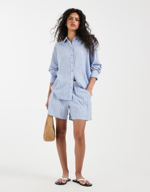Vero Moda - Short d'ensemble aspect lin noué à la taille à rayures - Bleu barbeau, 4 de 5