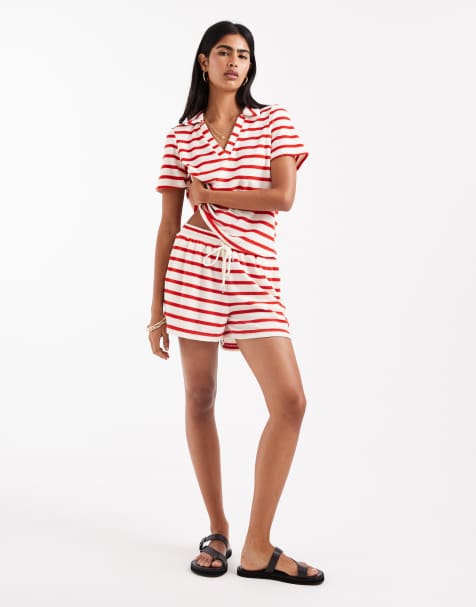 Vero Moda - Short d'ensemble en tissu éponge à rayures - Rouge - view 1