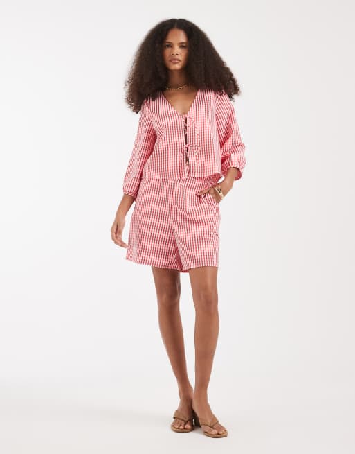 Vero Moda - Short d'ensemble taille haute à carreaux vichy - Rouge, 3 de 5