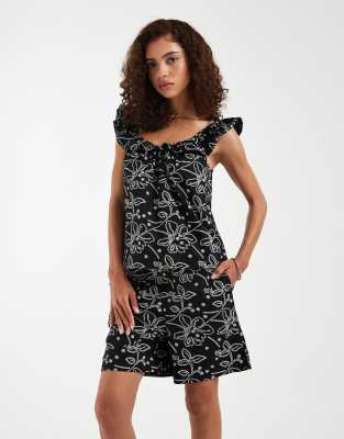 Short d'ensemble tissé à taille haute et imprimé fleurs - Noir et crème L