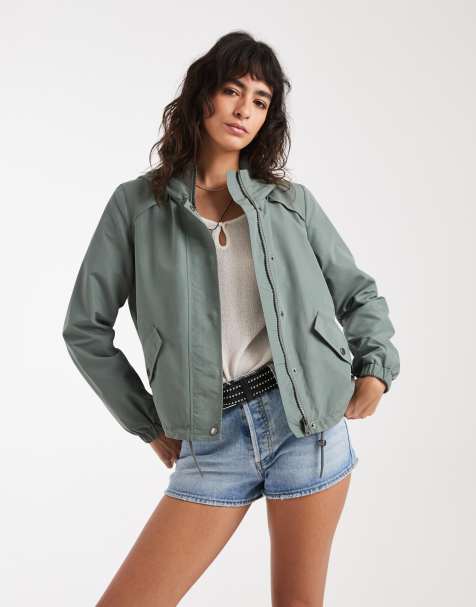 Vero Moda short festival rain coat with hood and drawstring hem in laurel green