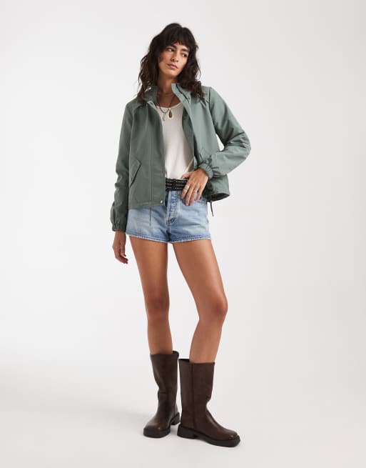 Vero Moda short festival rain coat with hood and drawstring hem in laurel green, 4 of 4