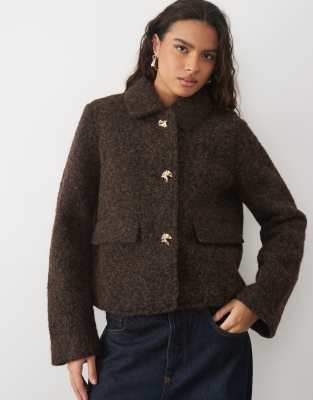 Vero Moda Short Fluffy Textured Jacket With Gold Hammered Buttons In Brown