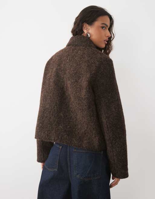Vero Moda short fluffy textured jacket with gold hammered buttons in chocolate brown, 2 of 4