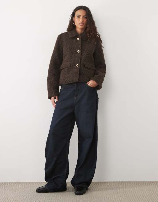 Vero Moda short fluffy textured jacket with gold hammered buttons in chocolate brown, 3 of 4