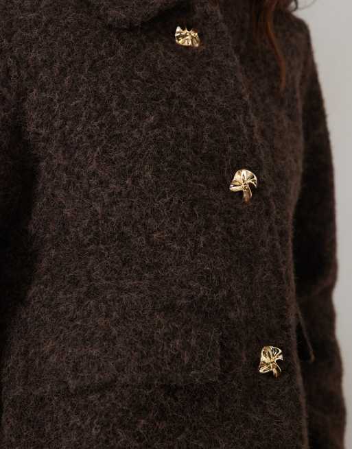 Vero Moda short fluffy textured jacket with gold hammered buttons in chocolate brown, 4 of 4