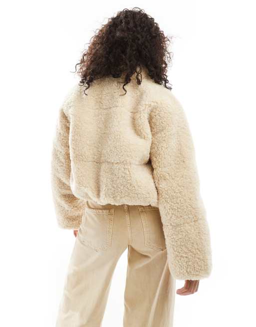 Vero Moda short paneled teddy jacket in oatmeal, 3 of 4