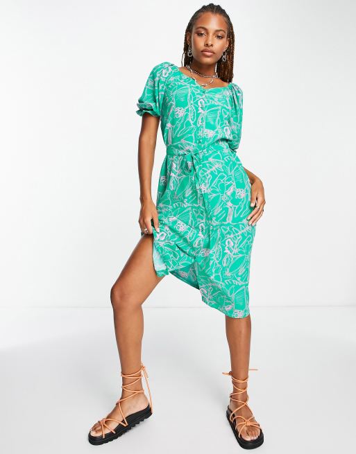 Vero puff sleeve button down midi dress in green |