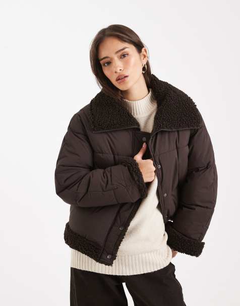 Vero Moda short puffer jacket with teddy trim in chocolate - view 1