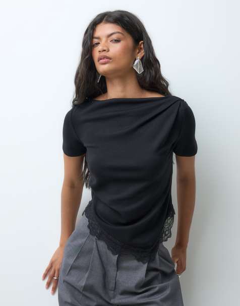 Vero Moda short sleeve boat neck asymmetric top with lace detail in black - view 1
