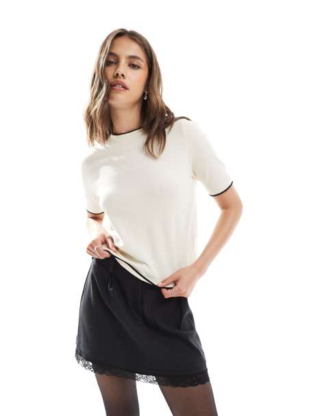 Vero Moda short sleeve contrast trim jumper in cream - view 1
