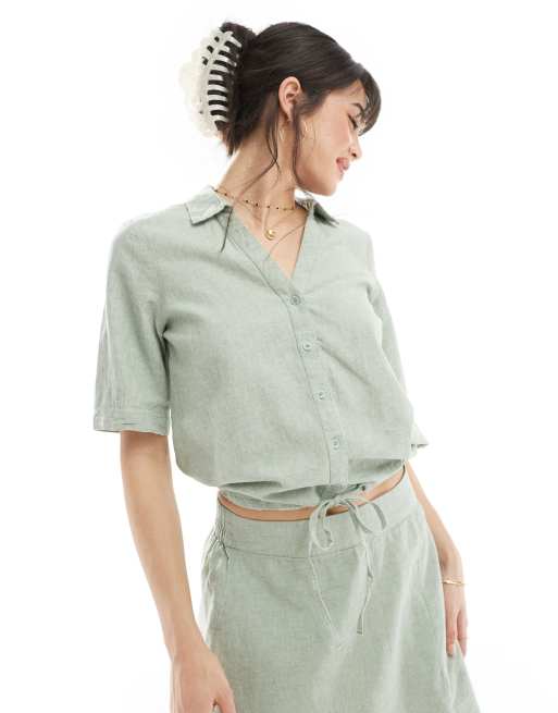 Vero Moda short sleeve cropped linen mix shirt in sage green - part of a set