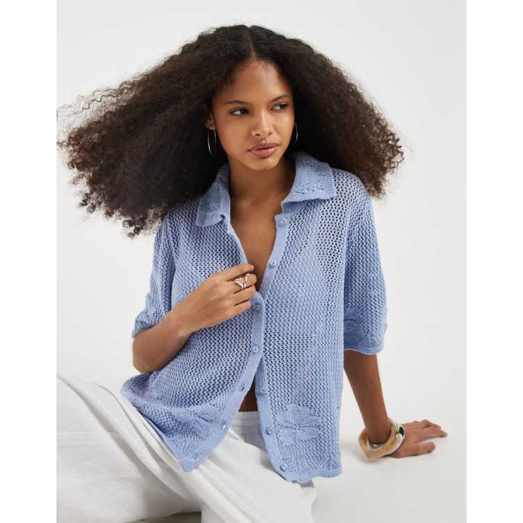 Vero Moda short sleeve floral crochet knit button front polo top