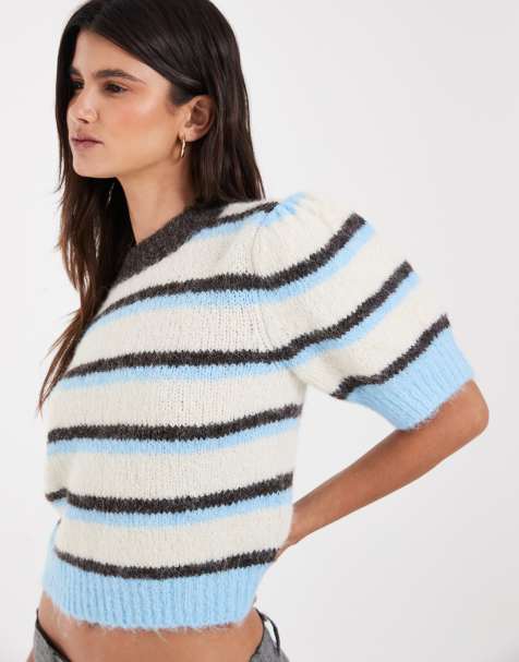 Vero Moda short sleeve knit sweater in brown and blue stripes - view 1