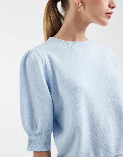 Vero Moda short sleeve knit top in soft heathered blue, 3 of 4