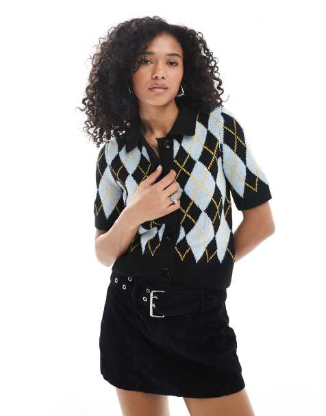 Vero Moda short sleeve polo neck cardigan in blue argyle print - view 1