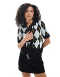 [Vero Moda] Vero Moda short sleeve polo neck cardigan in blue argyle print XXS Blue Argyle