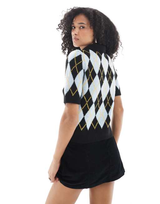 Vero Moda short sleeve polo neck cardigan in blue argyle print, 3 of 4