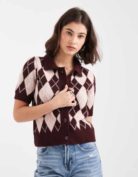 Vero Moda short sleeve polo neck cardigan in pink and burgundy argyle print - view 1
