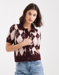 [Vero Moda] Vero Moda short sleeve polo neck cardigan in pink and burgundy argyle print L Blue Argyle