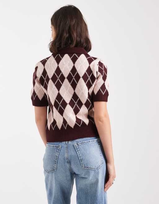 Vero Moda short sleeve polo neck cardigan in pink and burgundy argyle print