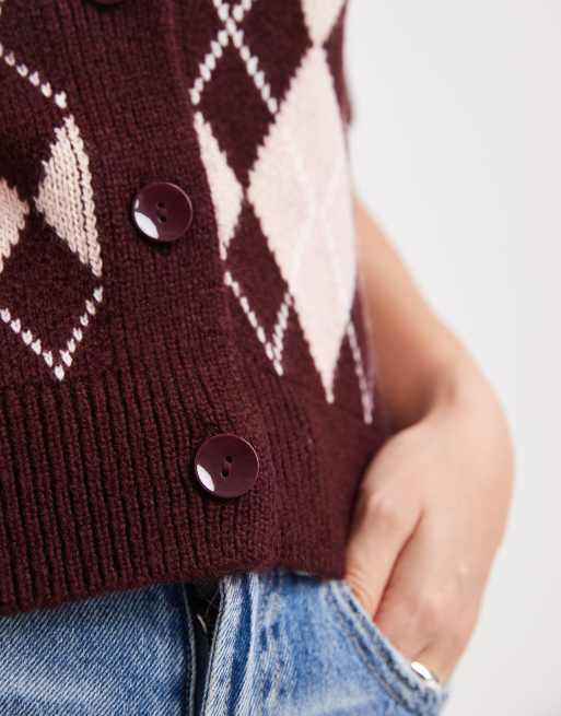 Vero Moda short sleeve polo neck cardigan in pink and burgundy argyle print