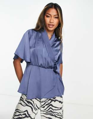 Vero Moda short sleeve satin wrap top in dark blue