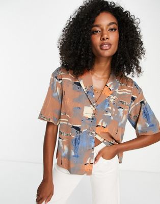 Vero Moda short sleeve shirt co-ord in brown abstract print