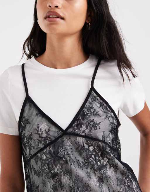 Vero Moda short sleeve t-shirt with lace cami overlay in white, 3 of 4