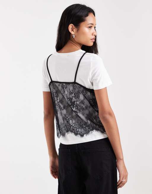 Vero Moda short sleeve t-shirt with lace cami overlay in white, 4 of 4