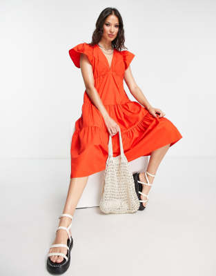 Vero Moda Short Sleeve V Neck Tiered Midi Smock Dress In Orange