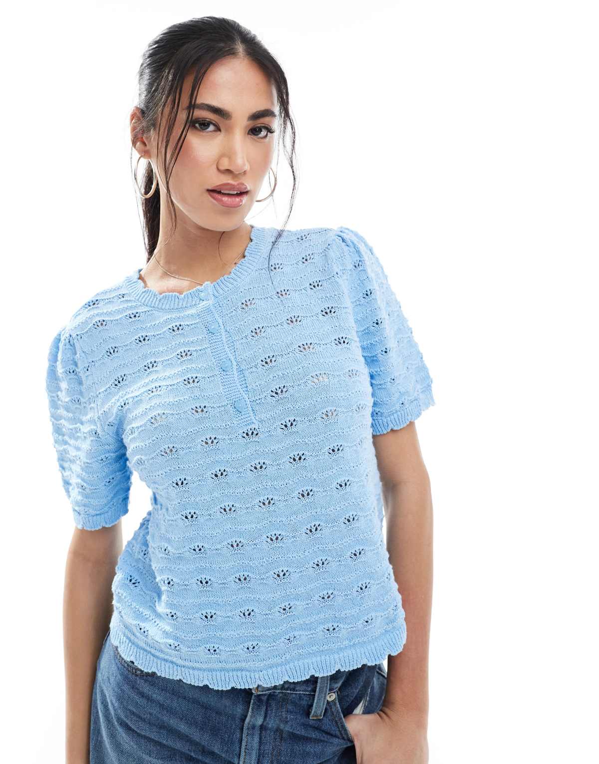 Vero Moda short sleeved crochet top with buttons in light blue