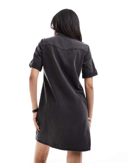 Vero Moda short sleeved denim mini dress in washed black, 3 of 4