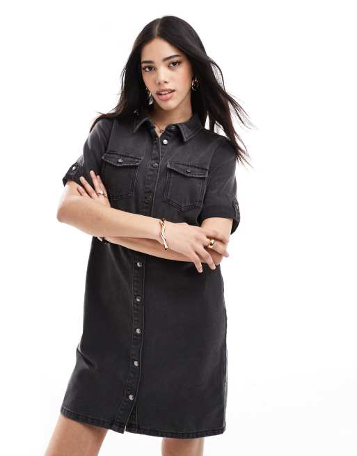 Vero Moda short sleeved denim mini dress in washed black, 4 of 4