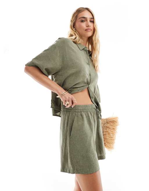 Vero Moda – Shorts in khakifarbner Leinenoptik mit Tunnelzug, Kombiteil, 2 von 5