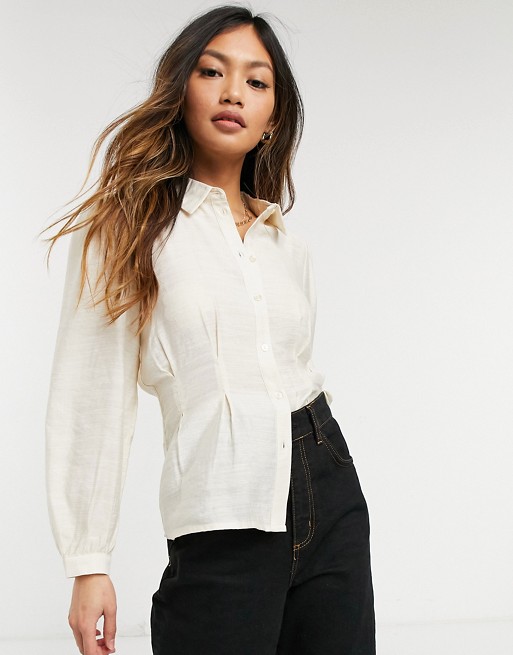 Vero Moda silky blouse with cinched waist in cream