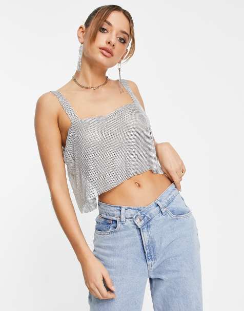 Foiled Square Neck Corset Crop Top - Silver