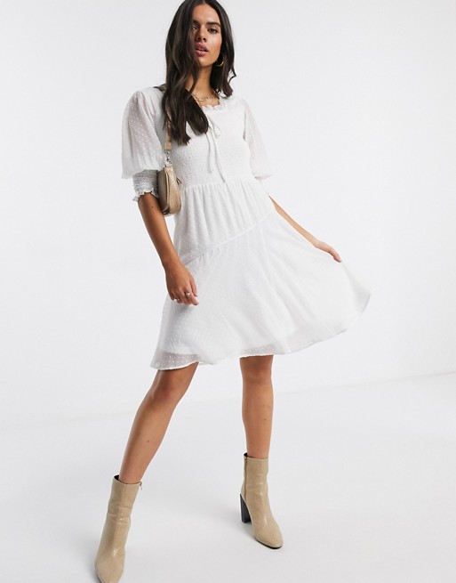 Vero Moda skater dress with square neck and puff sleeves in white dobby mesh